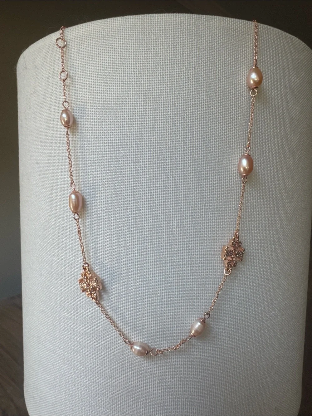 Tory Burch Rose Gold Pearl Station Necklace with Rhinestone Logos